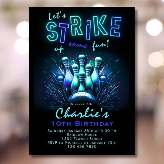 Bowling Birthday Einladung Boys Blue Neon Bowling