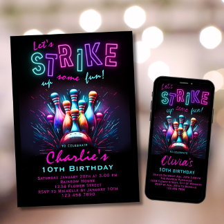 Bowling Birthday Einladung Girls Pink Neon