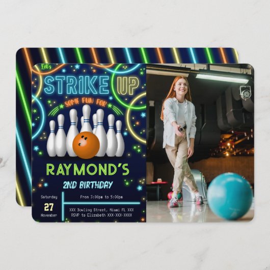 Bowling Birthday Foto Einladung (Vorne/Hinten)