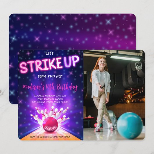 Bowling Birthday Foto Einladung (Vorne/Hinten)