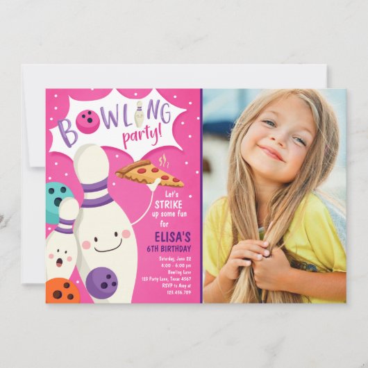 Bowling Birthday Invitation Girl Pink Pizza Strike Einladung (Vorderseite)
