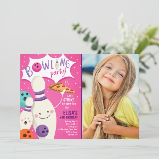 Bowling Birthday Invitation Girl Pink Pizza Strike Einladung (Stehend Vorderseite)