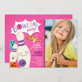 Bowling Birthday Invitation Girl Pink Pizza Strike Einladung (Vorne/Hinten)