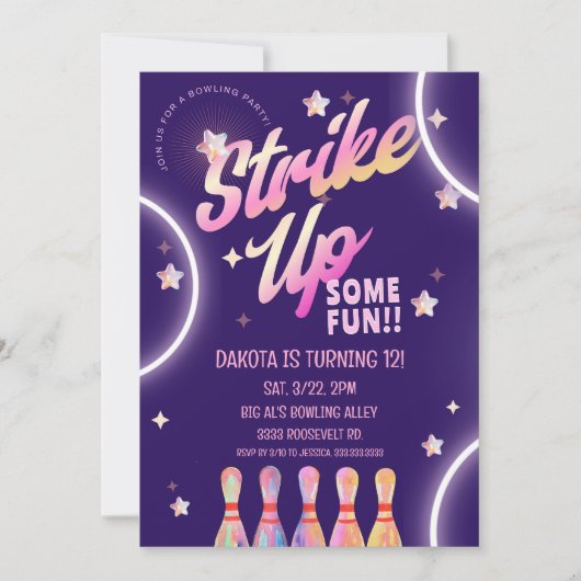 Bowling Birthday Neon Pink Party Einladung (Vorderseite)