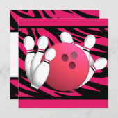 Bowling Birthday Neon Pink und Zebra Streifen Einladung (Vorne/Hinten)