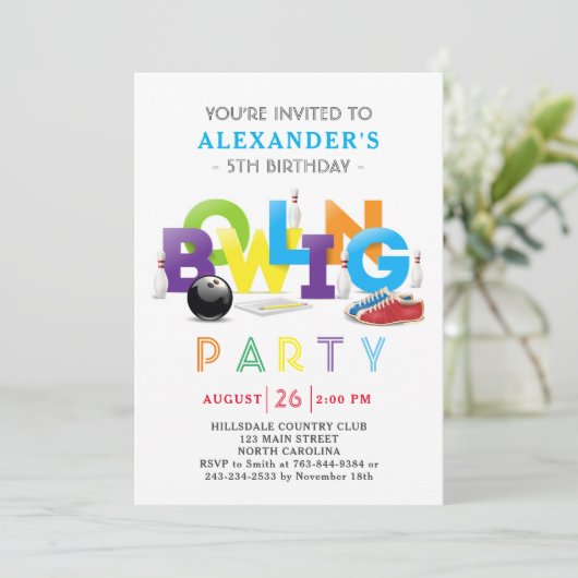 Bowling Birthday Party Einladung (Stehend Vorderseite)