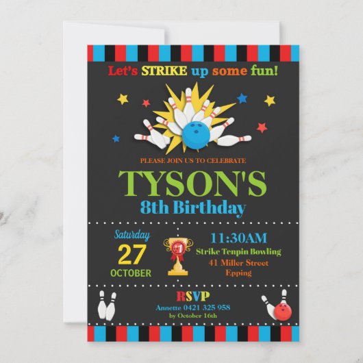 Bowling Birthday Party Einladungen Boys (Vorderseite)