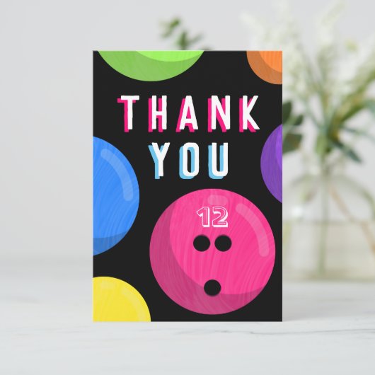 Bowling Birthday Party Kosmischer Bowling Neon Pin Dankeskarte (Stehend Vorderseite)