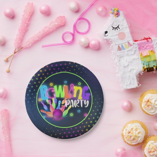 Bowling Birthday Party Paper Plate - Neon Pappteller (Party)