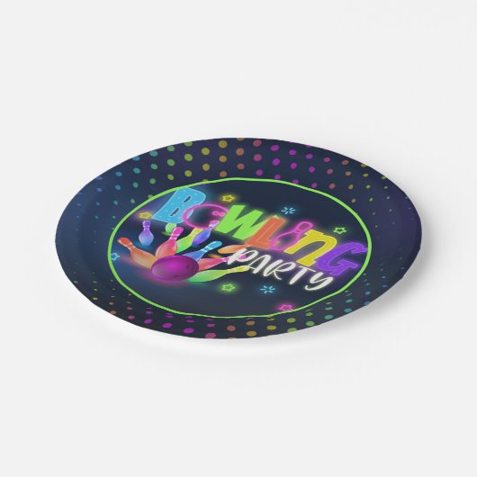 Bowling Birthday Party Paper Plate - Neon Pappteller (Schrägansicht)