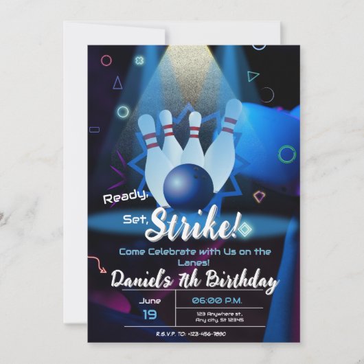 Bowling Birthday Party Retro Neon Einladung (Vorderseite)