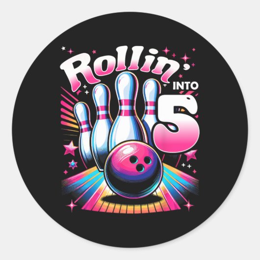 Bowling Birthday Rollin Into 5 Party 5th Birthday Runder Aufkleber (Vorderseite)