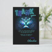 Bowling Birthday Thank You Card Boys Blue Neon Einladung (Stehend Vorderseite)