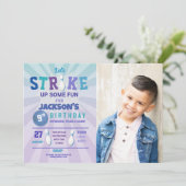 Bowling Blue Strike Foto Bowl Boys Geburtstag Einladung (Stehend Vorderseite)