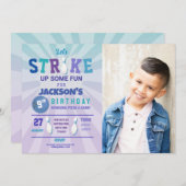 Bowling Blue Strike Foto Bowl Boys Geburtstag Einladung (Vorne/Hinten)