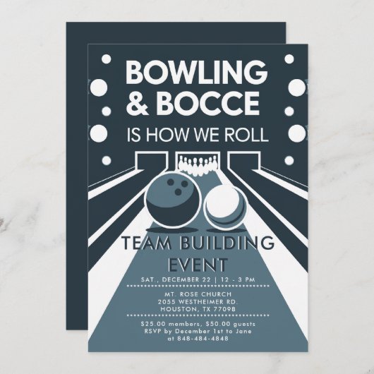 Bowling Bocce Team Gebäude Church Business Blue Einladung (Vorne/Hinten)