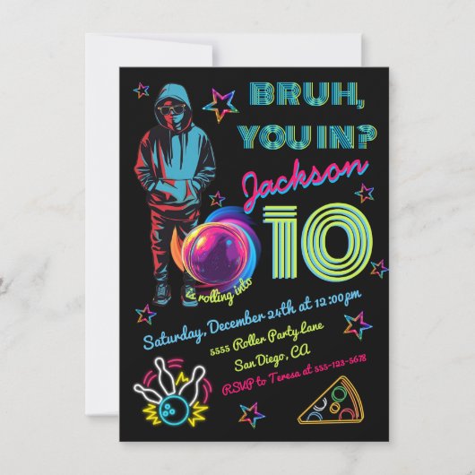 Bowling Bruh Neon Bowling Birthday Einladung (Vorderseite)