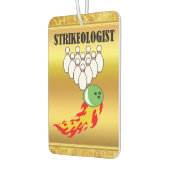 Bowling Buttone und Ball mit dem Wort STRIKEOLOGIS Autolufterfrischer (Links)