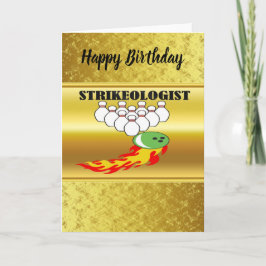 Bowling Buttone und Ball mit dem Wort STRIKEOLOGIS Karte