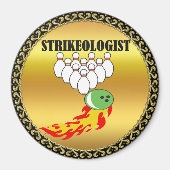 Bowling Buttone und Ball mit dem Wort STRIKEOLOGIS Magnet (Vorne)