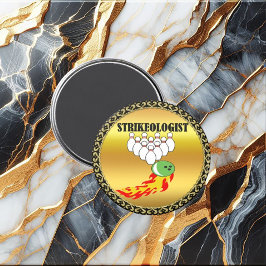 Bowling Buttone und Ball mit dem Wort STRIKEOLOGIS Magnet