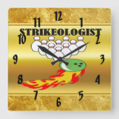 Bowling Buttone und Ball mit dem Wort STRIKEOLOGIS Quadratische Wanduhr (Vorderseite)