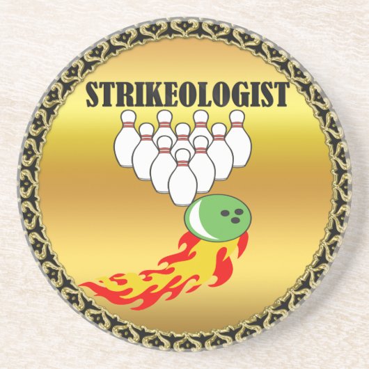 Bowling Buttone und Ball mit dem Wort STRIKEOLOGIS Sandstein Untersetzer (Vorne)