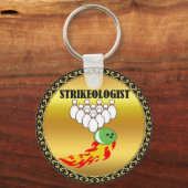 Bowling Buttone und Ball mit dem Wort STRIKEOLOGIS Schlüsselanhänger (Vorderseite)