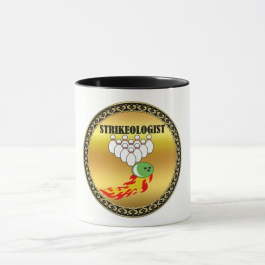 Bowling Buttone und Ball mit dem Wort STRIKEOLOGIS Tasse (Zentrum)
