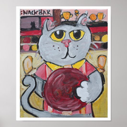 Bowling Cat Folk Art Fun Sport Malerei Poster (Vorne)
