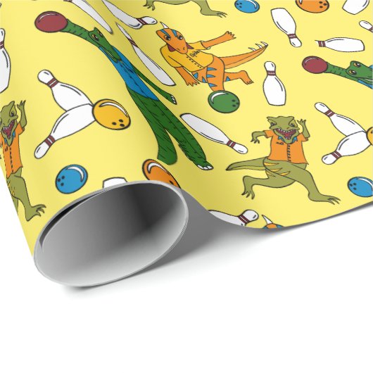 Bowling Dinosaurier Cartoon Gemustert Bowlers Geschenkpapier (Rolleneckpunkt)