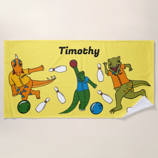 Bowling Dinosaurier Cartoon Personalisiert Bowlers Strandtuch (Vorderseite)