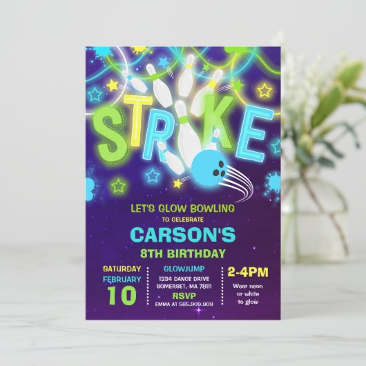Bowling Einladung Glow Neon Bowling Geburtstag (Stehend Vorderseite)