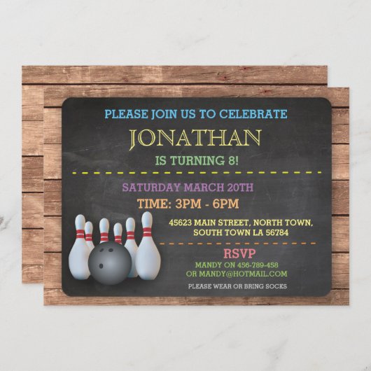 Bowling Einladung Let's Bowl Chalkboard (Vorne/Hinten)