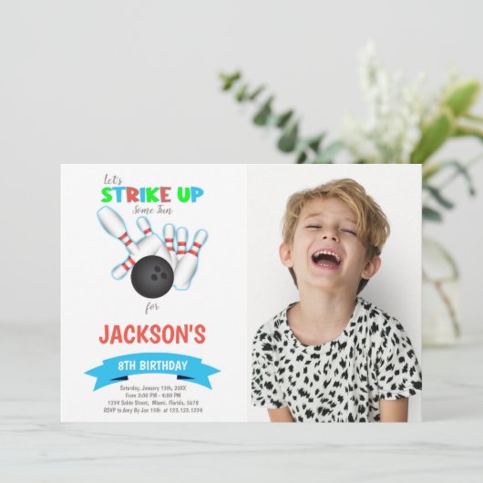 Bowling Einladungen mit Foto (Stehend Vorderseite)
