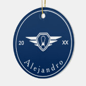 Bowling-Game-Logo-Individuelle Name und Jahr Blau Keramik Ornament (Links)
