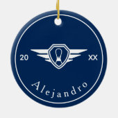 Bowling-Game-Logo-Individuelle Name und Jahr Blau Keramik Ornament (Hinten)