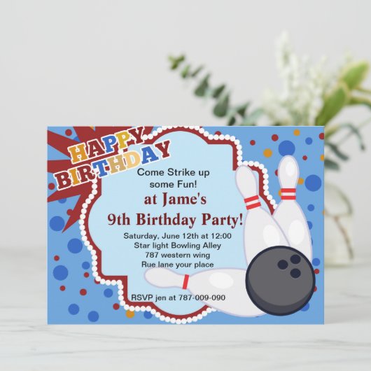 Bowling-Geburtstagsfeier Einladung (Stehend Vorderseite)