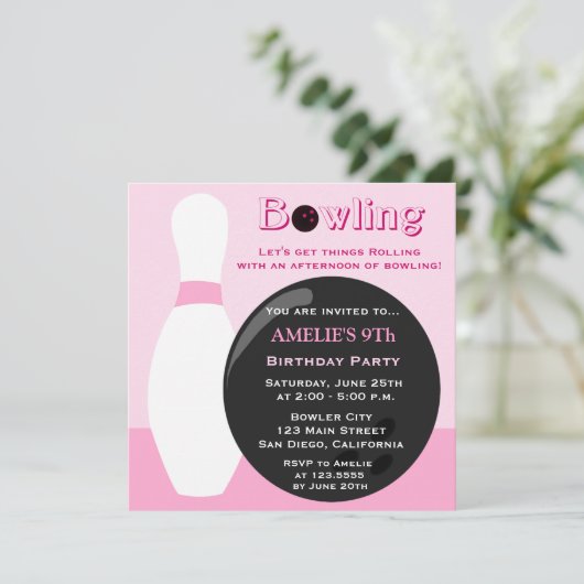 Bowling Girl Birthday Party Einladung (Stehend Vorderseite)