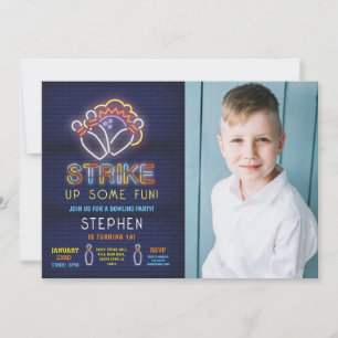 Bowling lädt zur Geburtstagsparty Neon Foto Strike Einladung