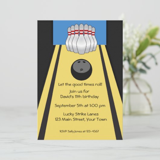 Bowling Lane, Buttone, Ball, Party Einladung (Stehend Vorderseite)