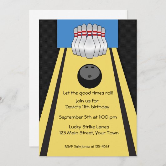 Bowling Lane, Buttone, Ball, Party Einladung (Vorne/Hinten)
