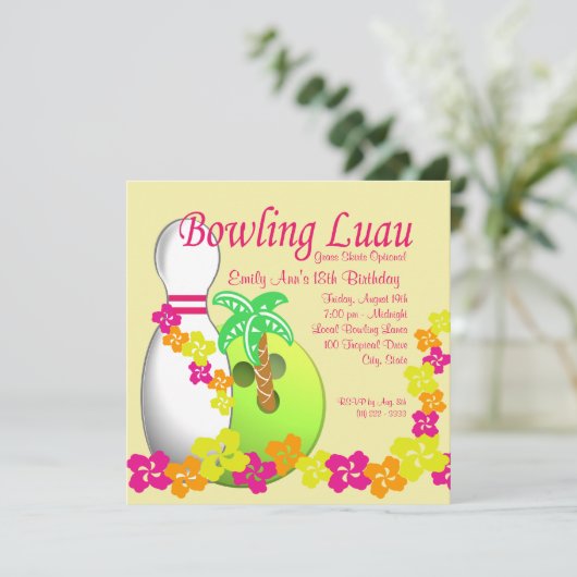 Bowling Luau Einladung (Stehend Vorderseite)