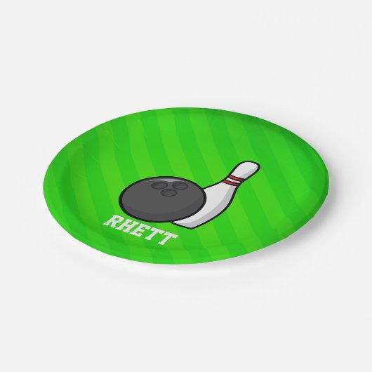 Bowling; Neon Green Stripes Pappteller (Schrägansicht)