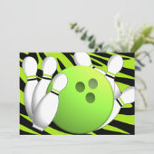 Bowling Neon Green und Zebra Einladung (Stehend Vorderseite)