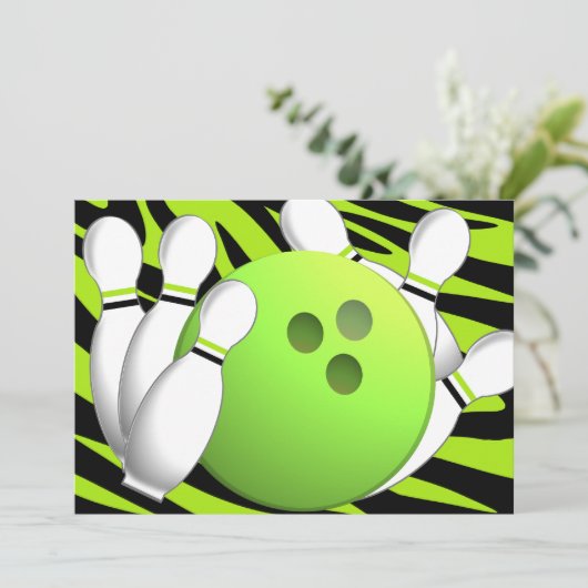 Bowling Neon Green und Zebra Einladung (Stehend Vorderseite)