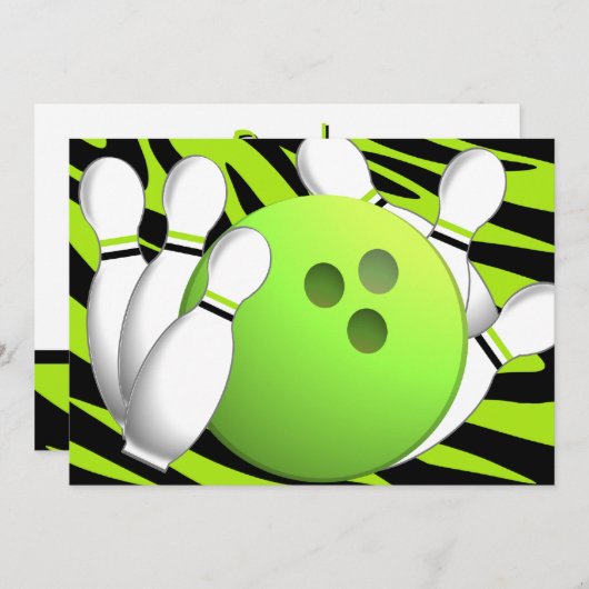 Bowling Neon Green und Zebra Einladung (Vorne/Hinten)