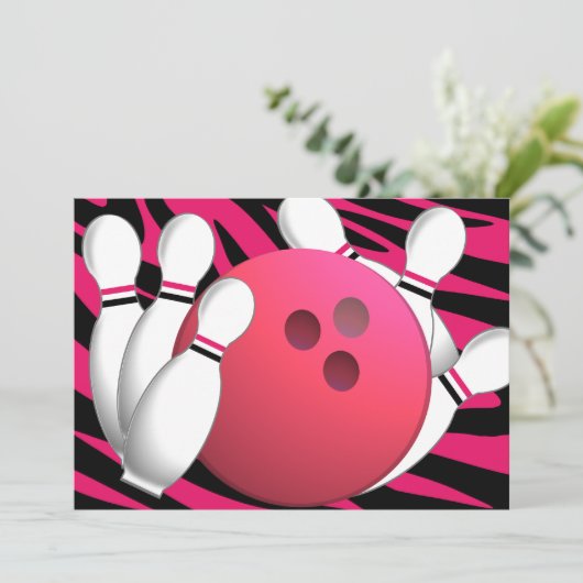 Bowling Neon und Zebra Einladung (Stehend Vorderseite)