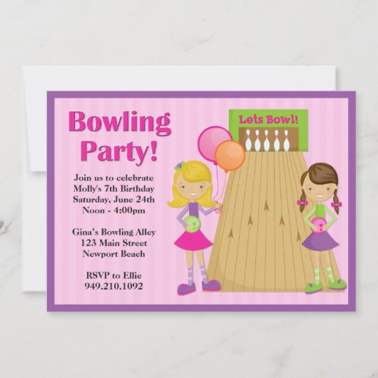 Bowling Party Birthday Einladung für Mädchen (Vorderseite)