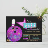 Bowling Party, Birthday Neon glühen Bowling Einladung (Stehend Vorderseite)